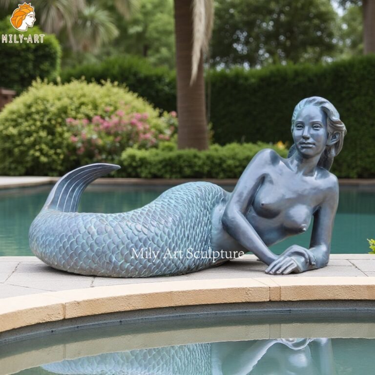 Life-size bronze mermaid statue for an outdoor landscape