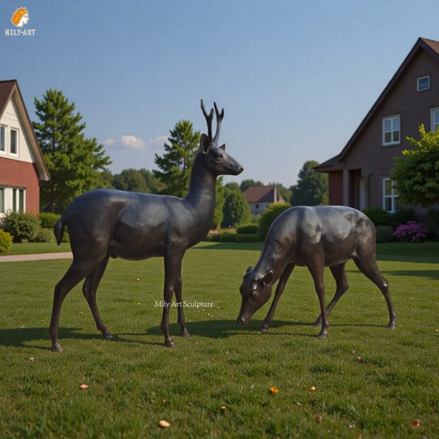 Custom bronze buck and doe statues developed from references