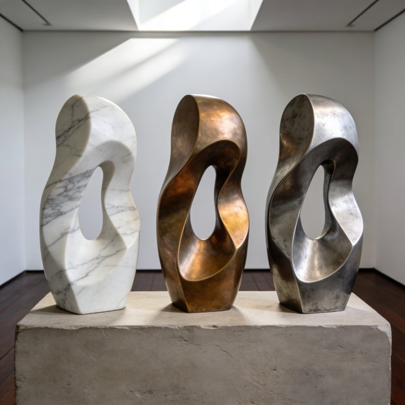 Marble, bronze, and steel sculptures side-by-side