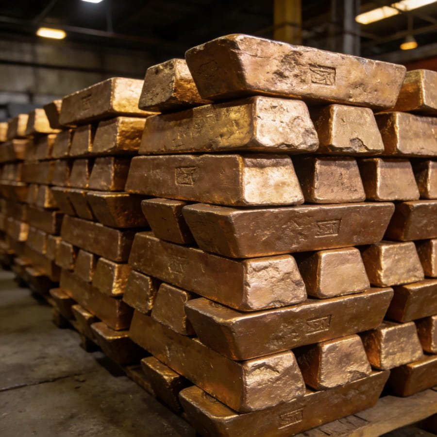 Stacks of raw bronze ingots ready for the foundry