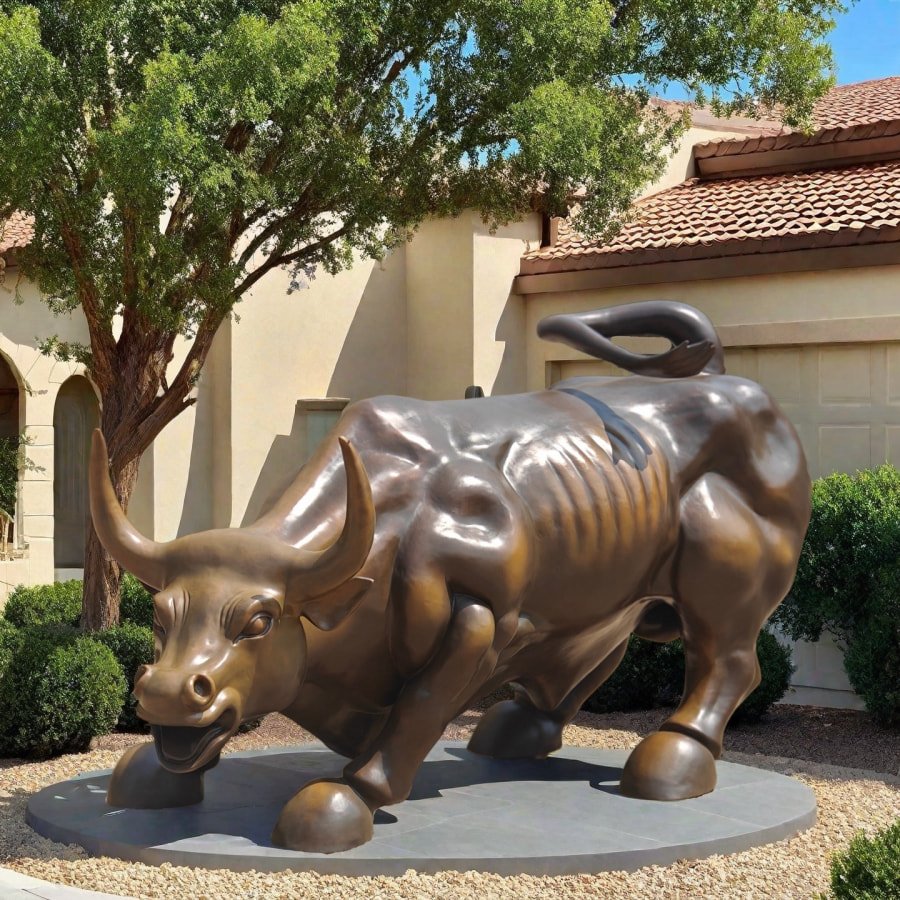 A powerful bronze bull statue gleaming in the sun