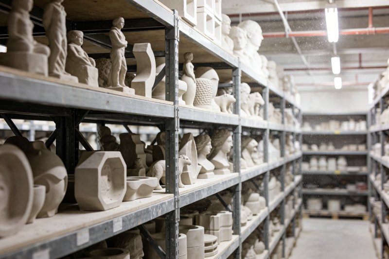 Warehouse filled with sculpture molds on shelves