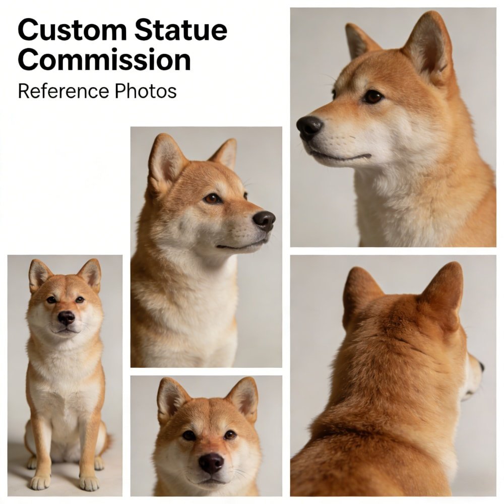 A collage of photos showing an animal from different angles for a custom statue commission.