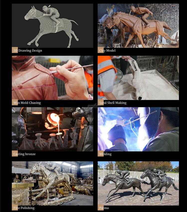 A side-by-side image showing the client's photo, the clay model, and the final bronze statue installed in a garden.