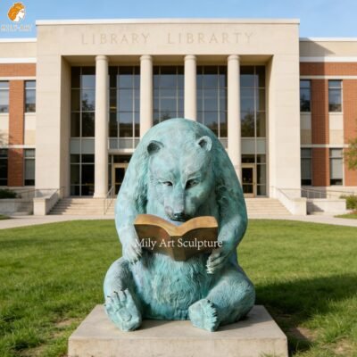 Casting Life Size Bronze Reading Bear Statue for Library Decor