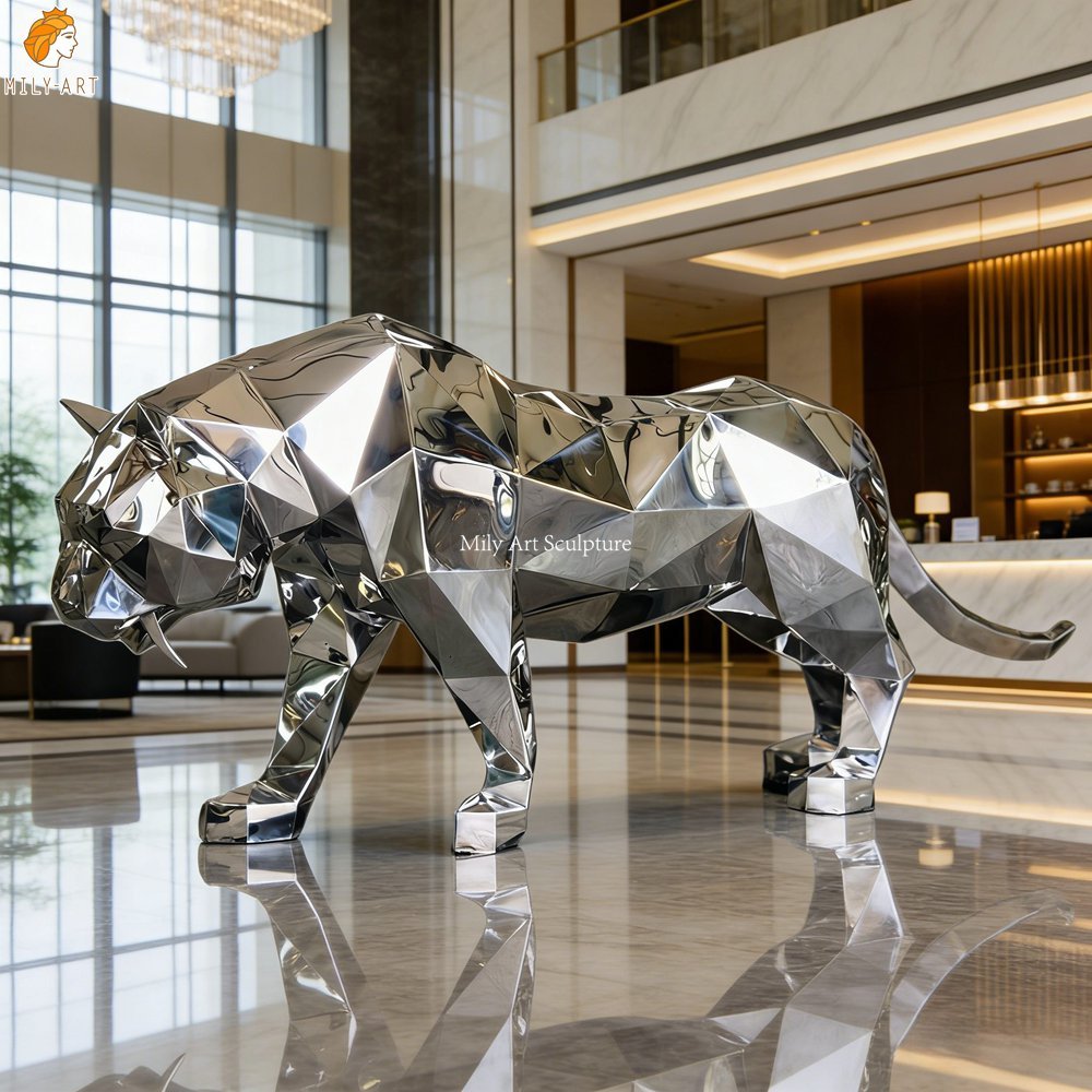 Polished Stainless Steel Modern Geometric Tiger Sculpture for Hotel Decor