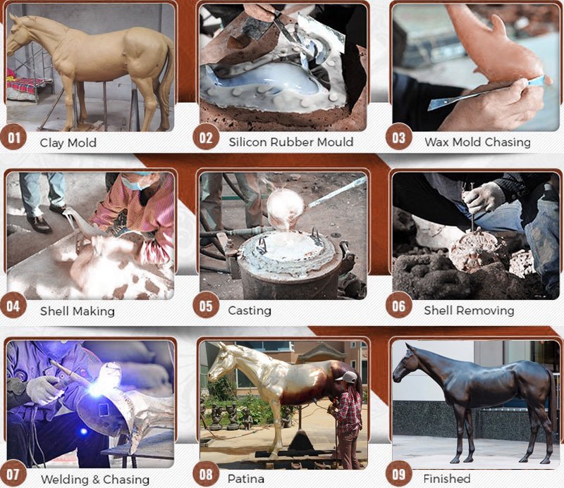 Process of a bronze horse from clay mould to bronze statue.