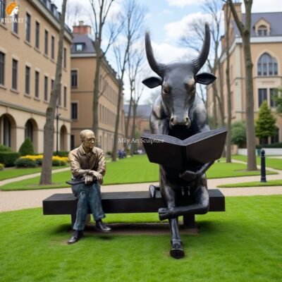 Bronze Man And Bull Reading Books Statue for Campus Decor