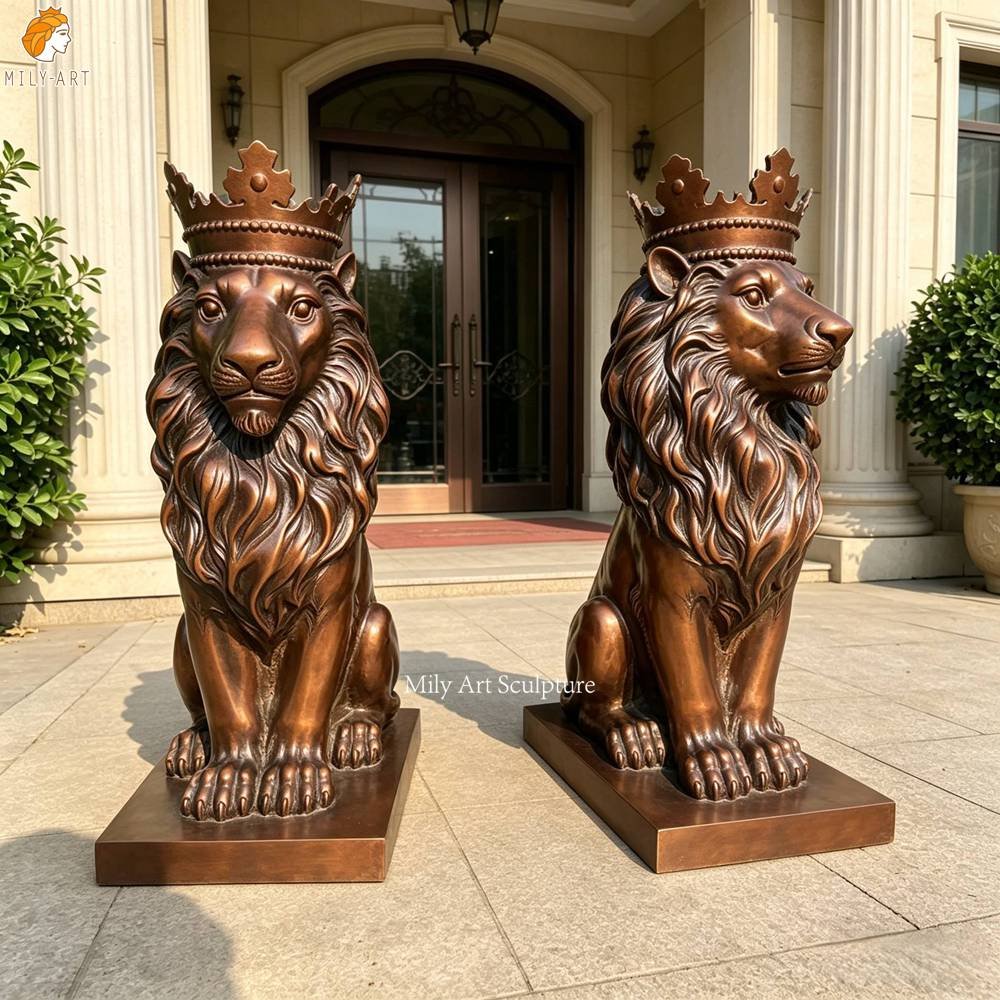 Bronze Sitting Lion with Crown Garden Statue for Entrance Decor
