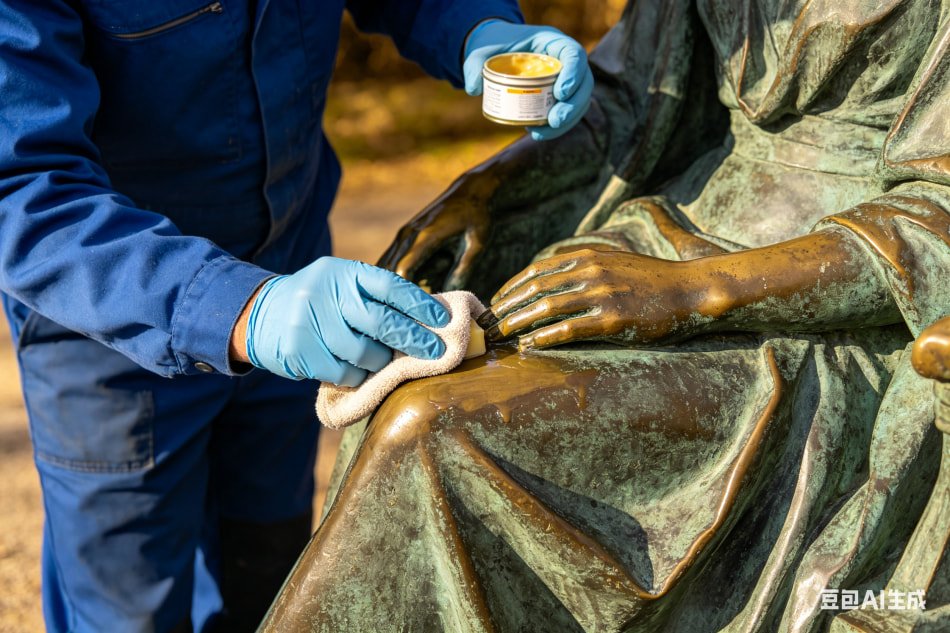 person applying wax to bronze outdoor statue for maintenance