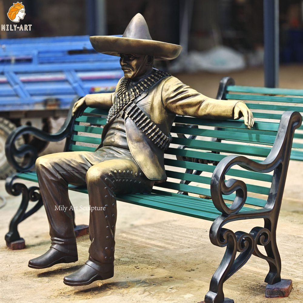 Cast Bronze Mexican Man Sombrero Statue on Bench