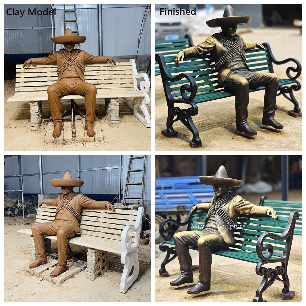 Custom Bronze Mexican Man Sombrero Statue on Bench, Clay Model, and Finished