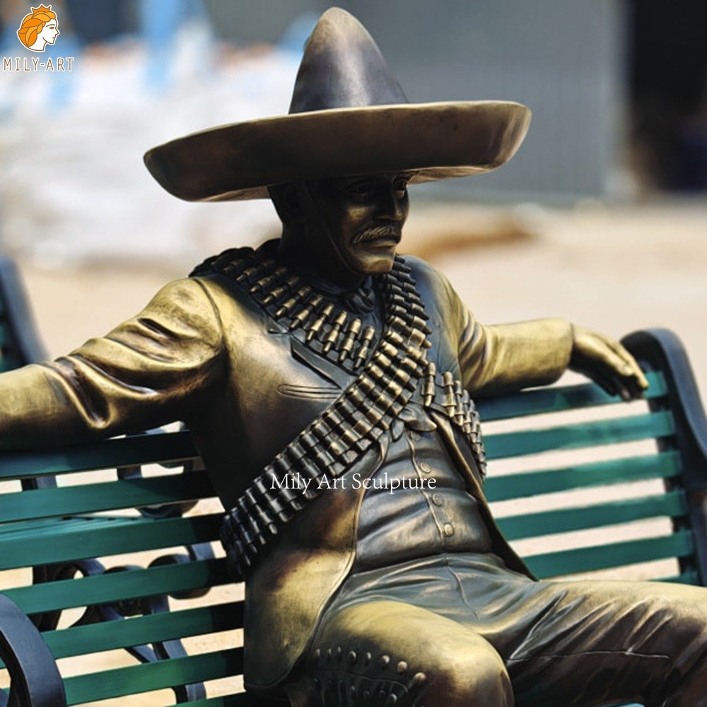 Custom Bronze Mexican Man Sombrero Statue on Bench Detail