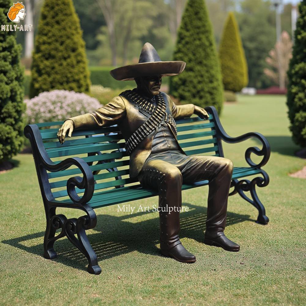Custom Bronze Mexican Man Sombrero Statue on Bench for Garden