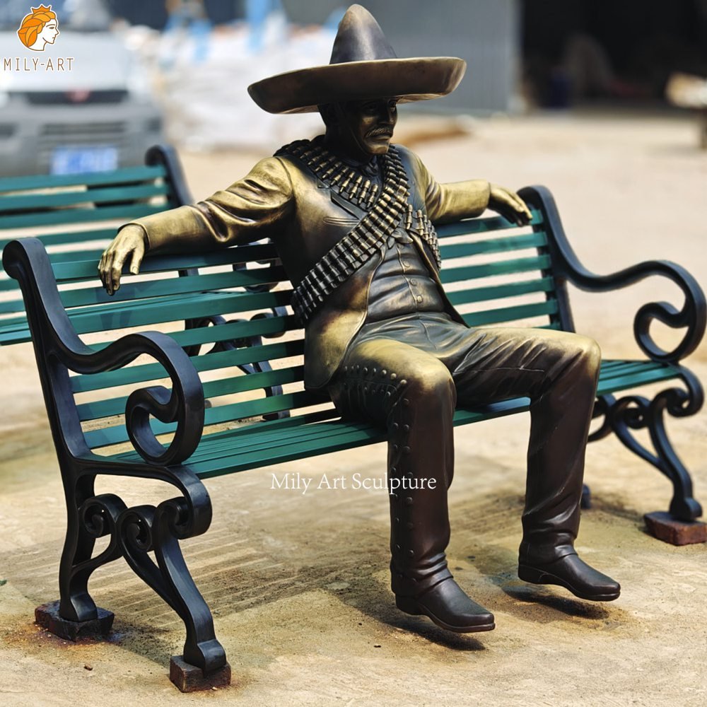 Custom Bronze Mexican Man Sombrero Statue on Bench