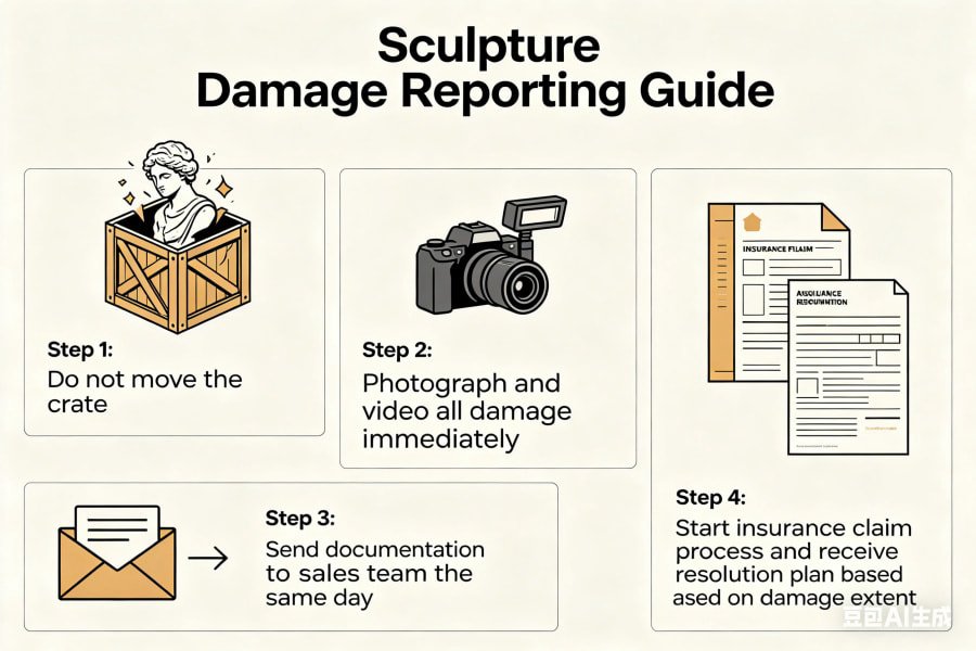 Damaged sculpture crate documentation for insurance claim process