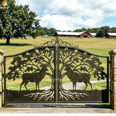 Entrance Iron Gate with Elk Statue for Ranch