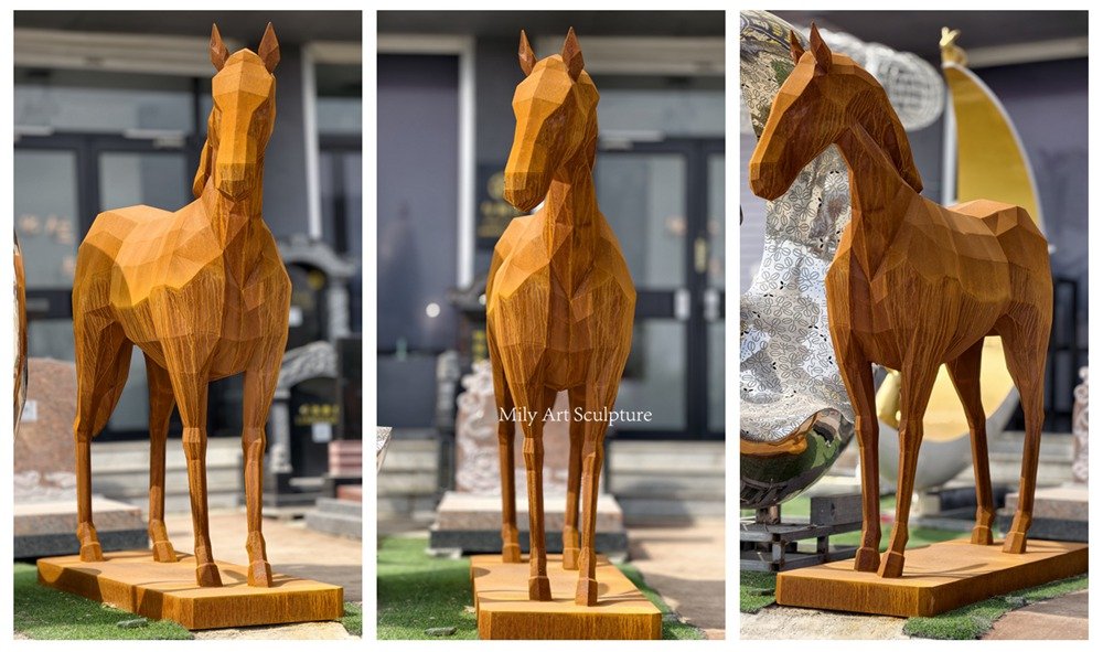 Geometric-style Corten Steel Horse Sculpture Details