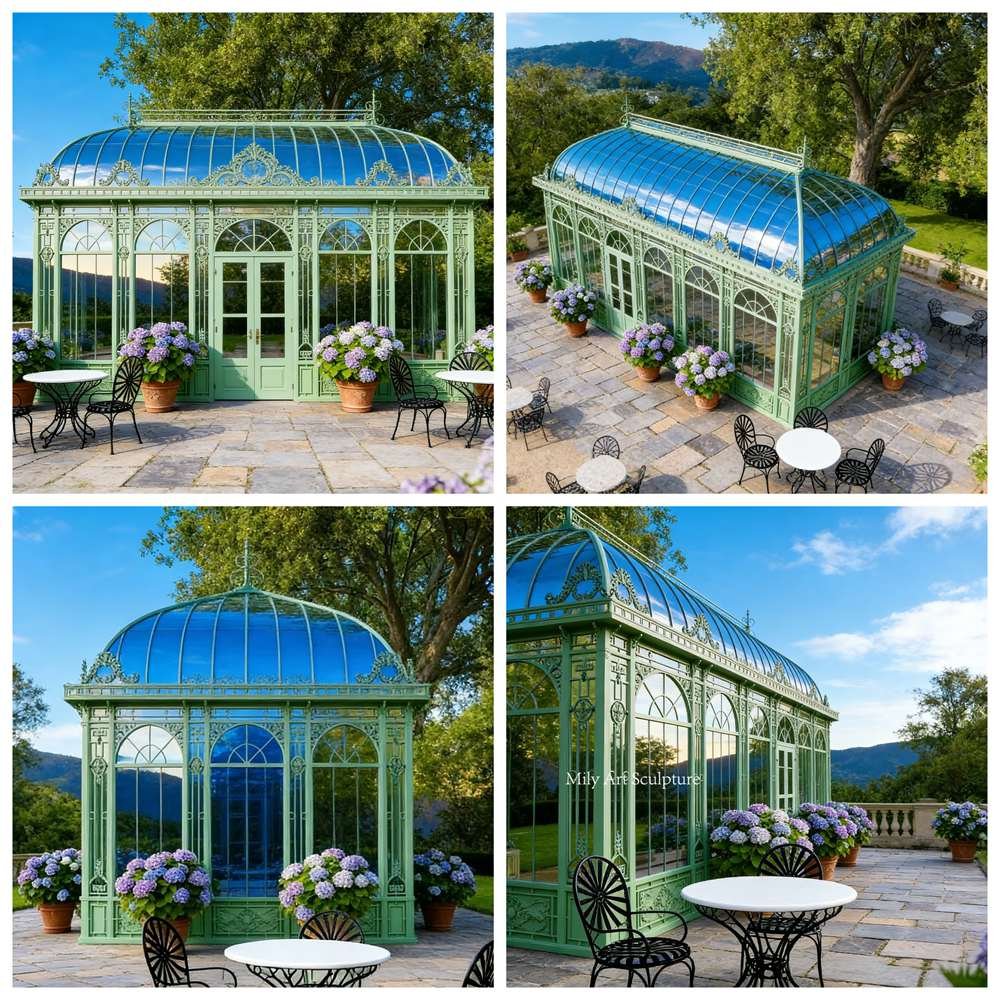 Green Victorian-style Wrought Iron and Glass Conservatory Details