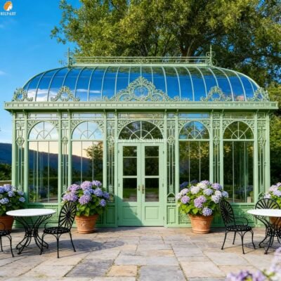 Green Victorian-style Wrought Iron and Glass Conservatory