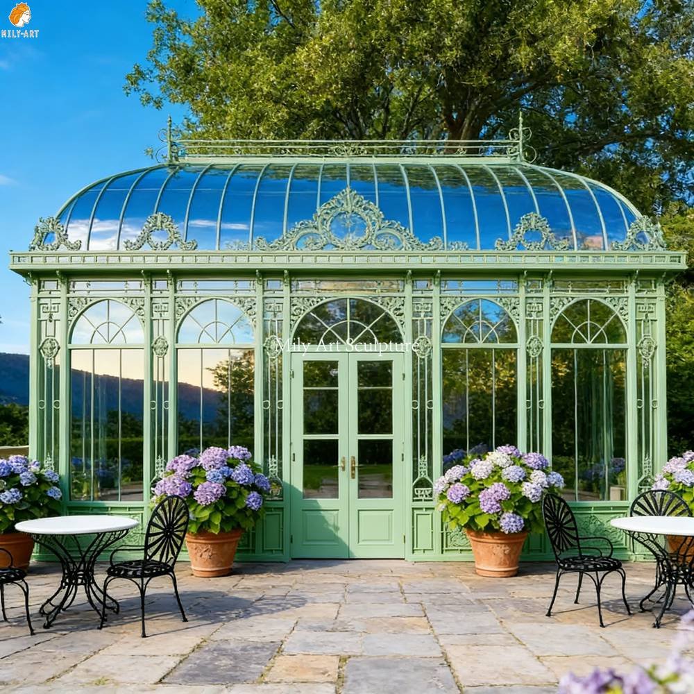 Green Victorian-style Wrought Iron and Glass Conservatory