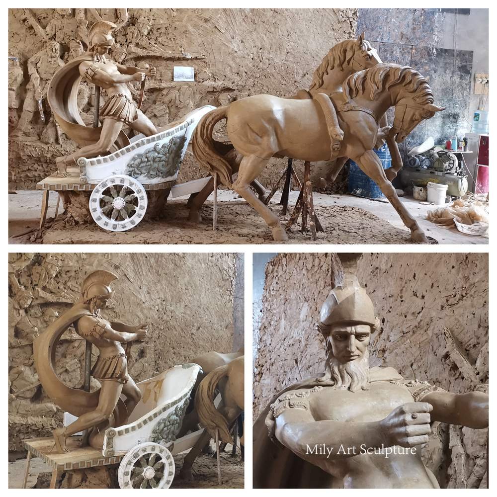 Large Bronze Chariot and Horse Sculpture Clay Model Details