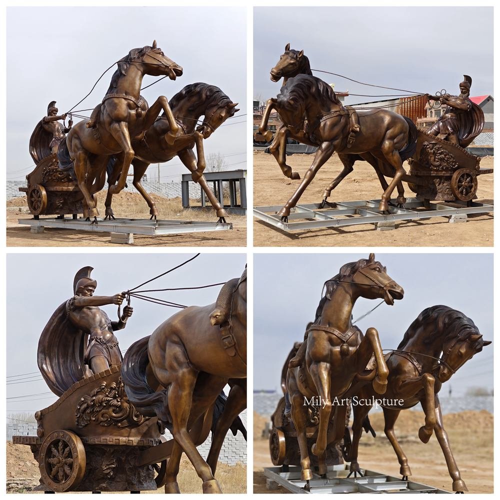 Large Bronze Chariot and Horse Sculpture Details