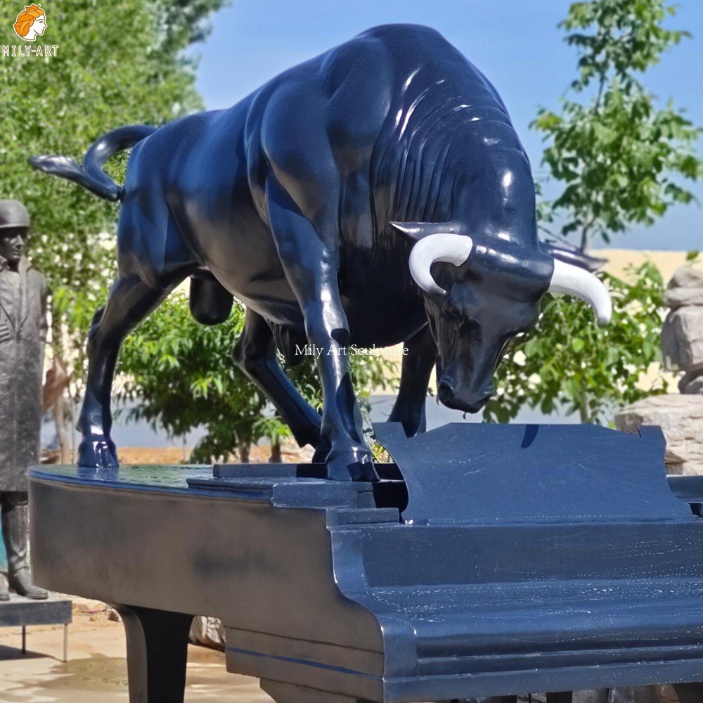 Life-sized Black Bull Standing on Piano - Sculpture Chapman's Homer Detail