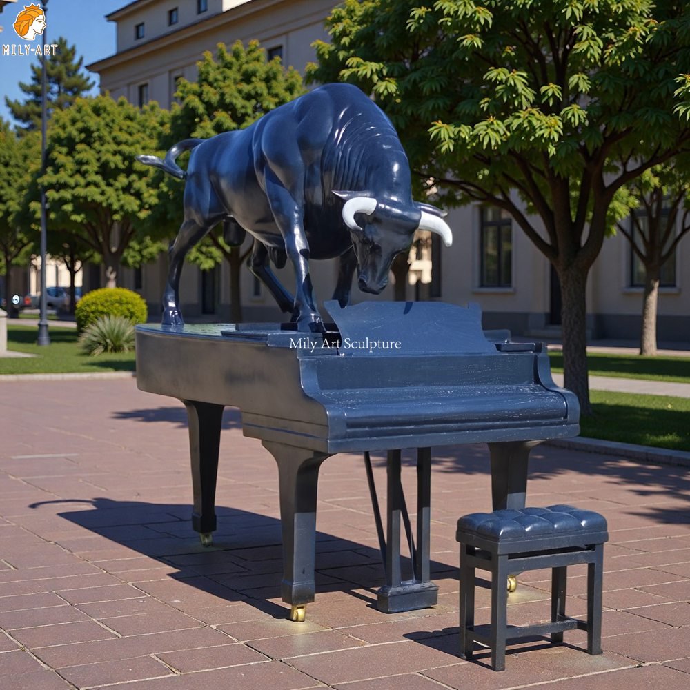 Life-sized Black Bull Standing on Piano - Sculpture Chapman's Homer for Square