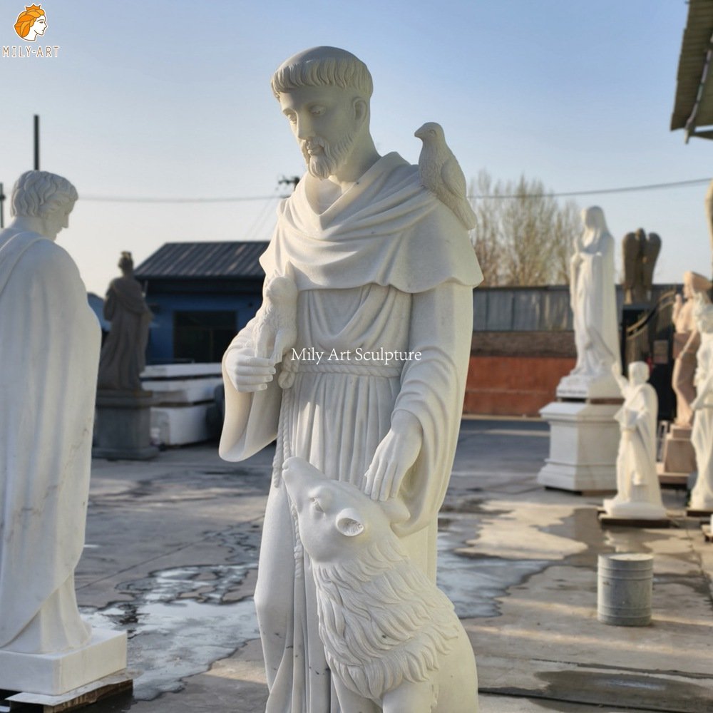 Marble Statue of Saint Francis of Assisi Holding a Lamb with a Wolf Detail
