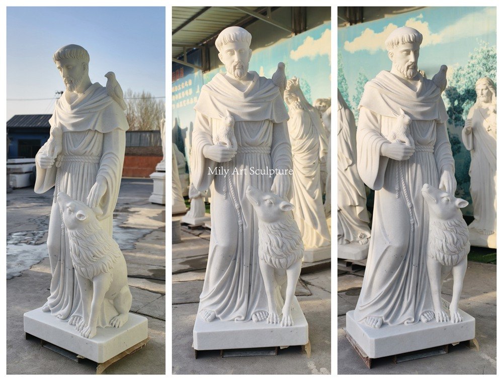 Marble Statue of Saint Francis of Assisi Holding a Lamb with a Wolf Details