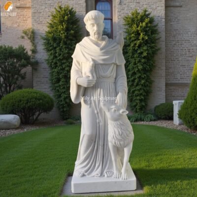 Marble Statue of Saint Francis of Assisi Holding a Lamb with a Wolf for Garden