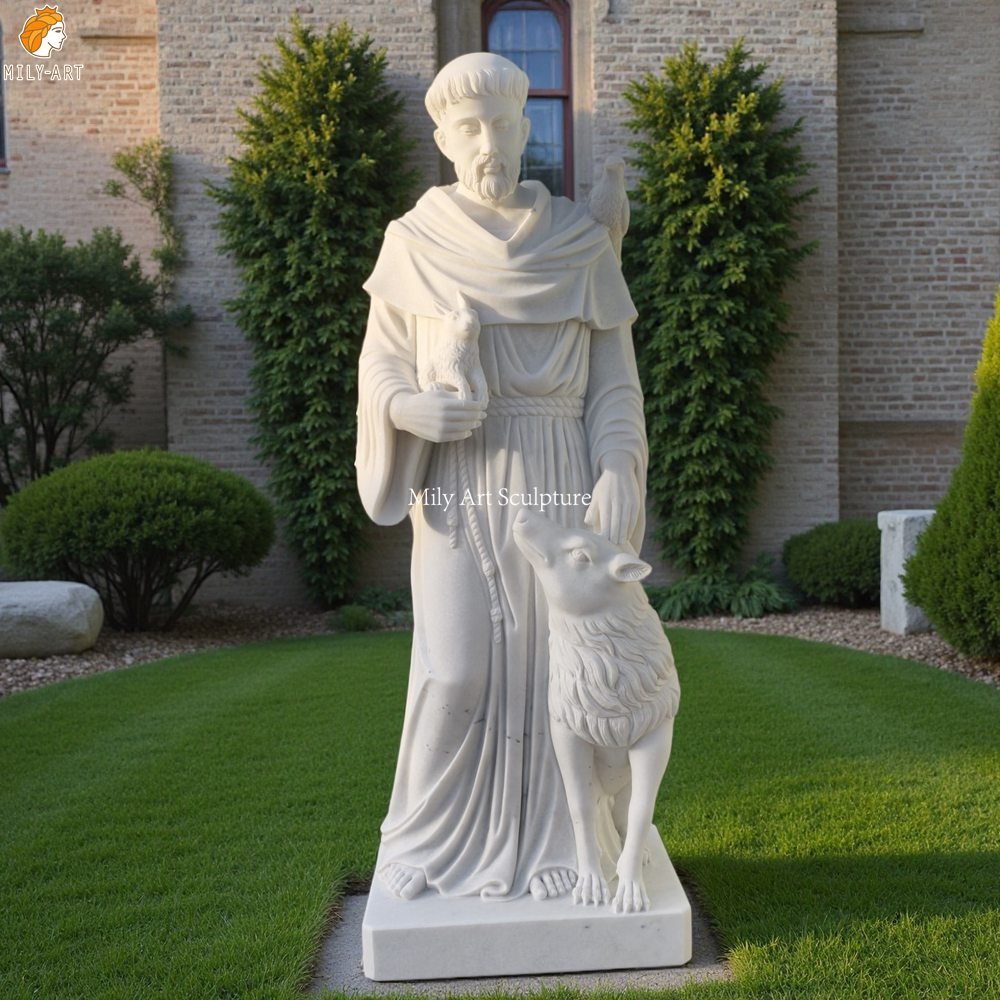 Marble Statue of Saint Francis of Assisi Holding a Lamb with a Wolf for Garden
