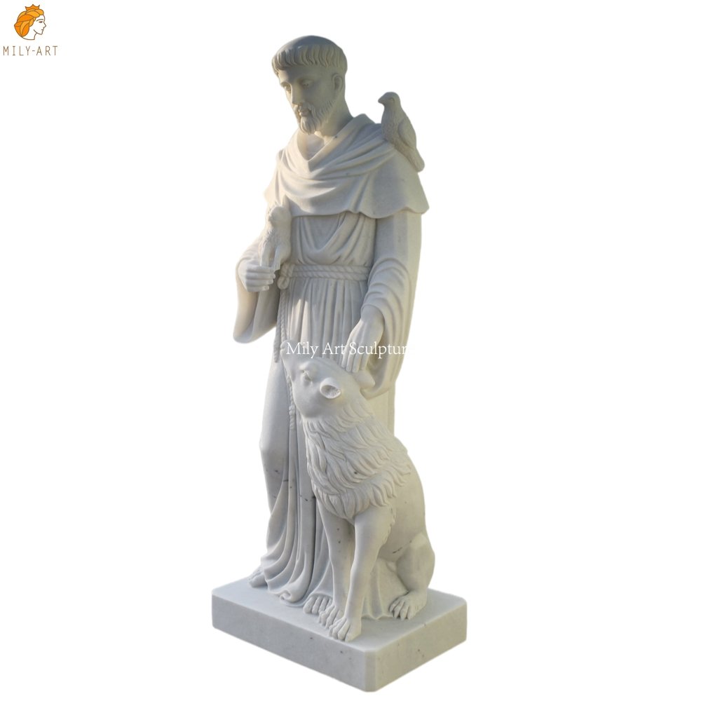 Marble Statue of Saint Francis of Assisi Holding a Lamb with a Wolf