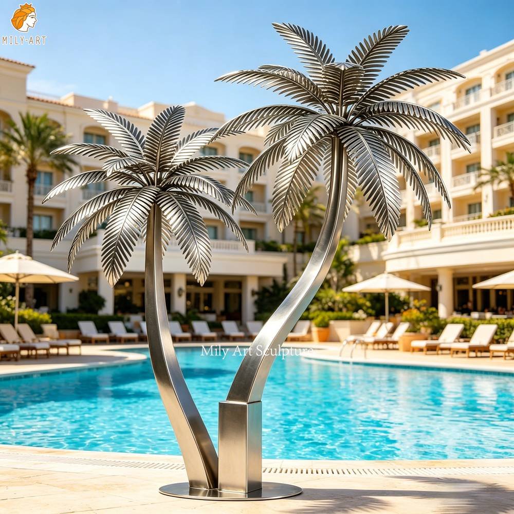 Modern Stainless Steel Outdoor Palm Tree Sculpture for Hotel Pool Decor