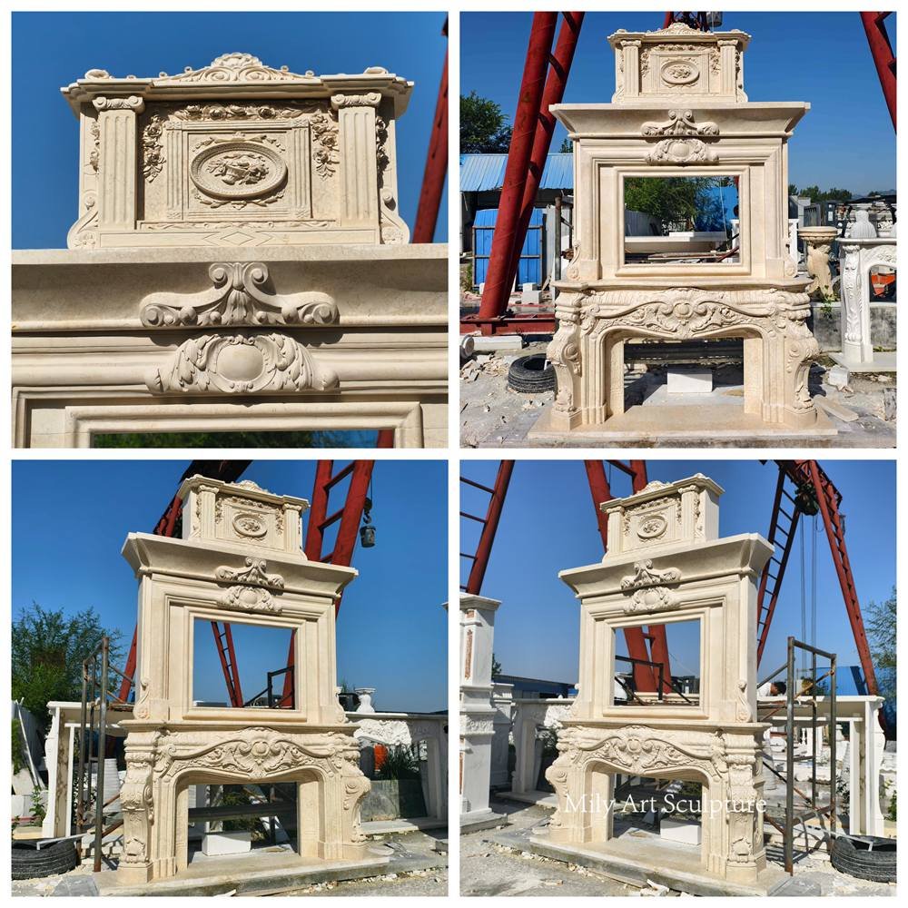 New Beige Three-Tiered Marble Fireplace Details