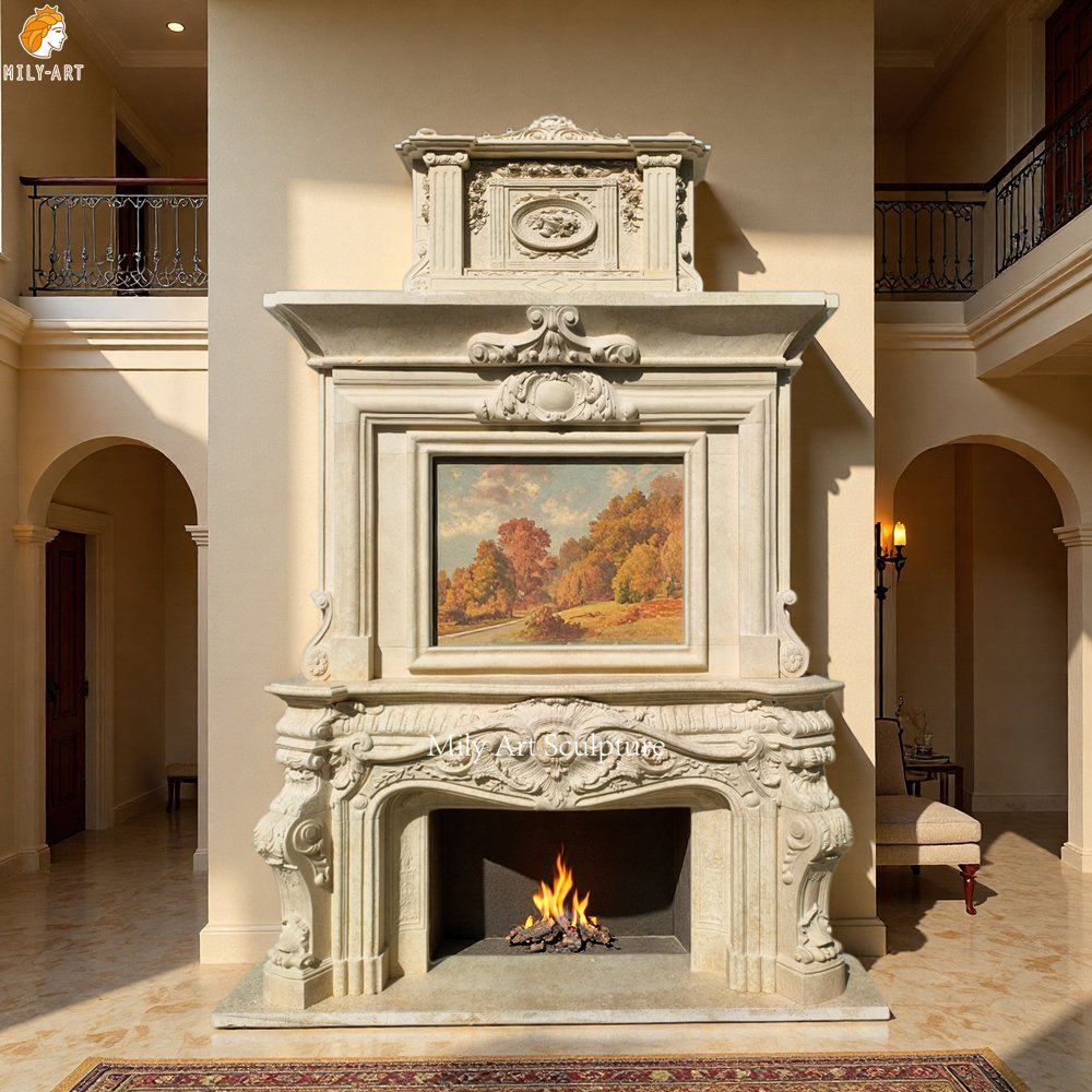 New Beige Three-Tiered Marble Fireplace for Villa Lobby