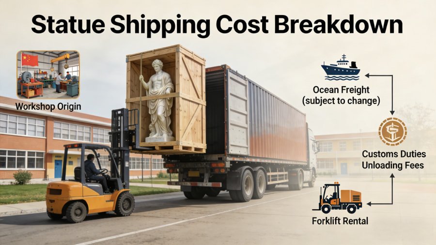 A large wooden crate containing a statue being unloaded from a truck with a forklift.