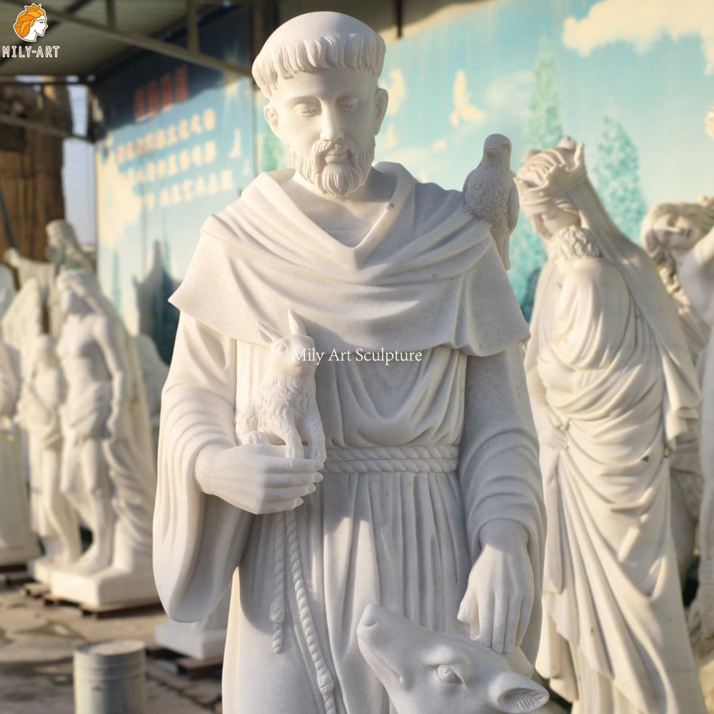 White Marble Statue of Saint Francis of Assisi Holding a Lamb with a Wolf Detail