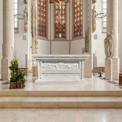 Marble Altar Table Featuring Relief Panel of The Last Supper in Church