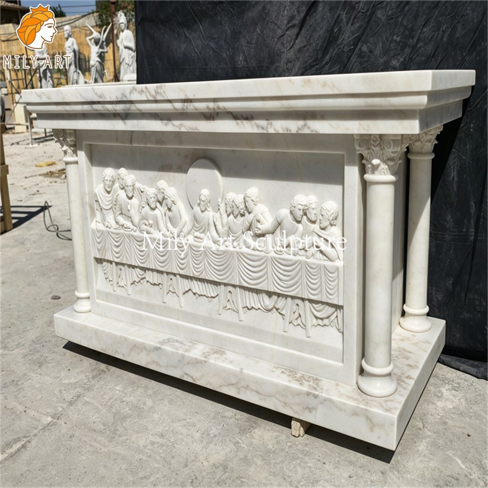 Marble Altar Table Featuring Relief Panel of The Last Supper in Mily factory