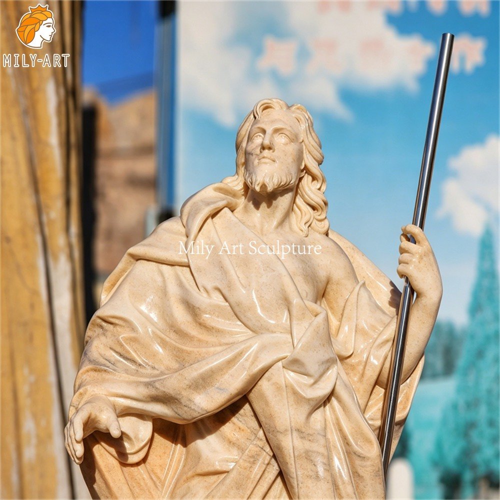 Close-up facial details of completed St.James statue at factory