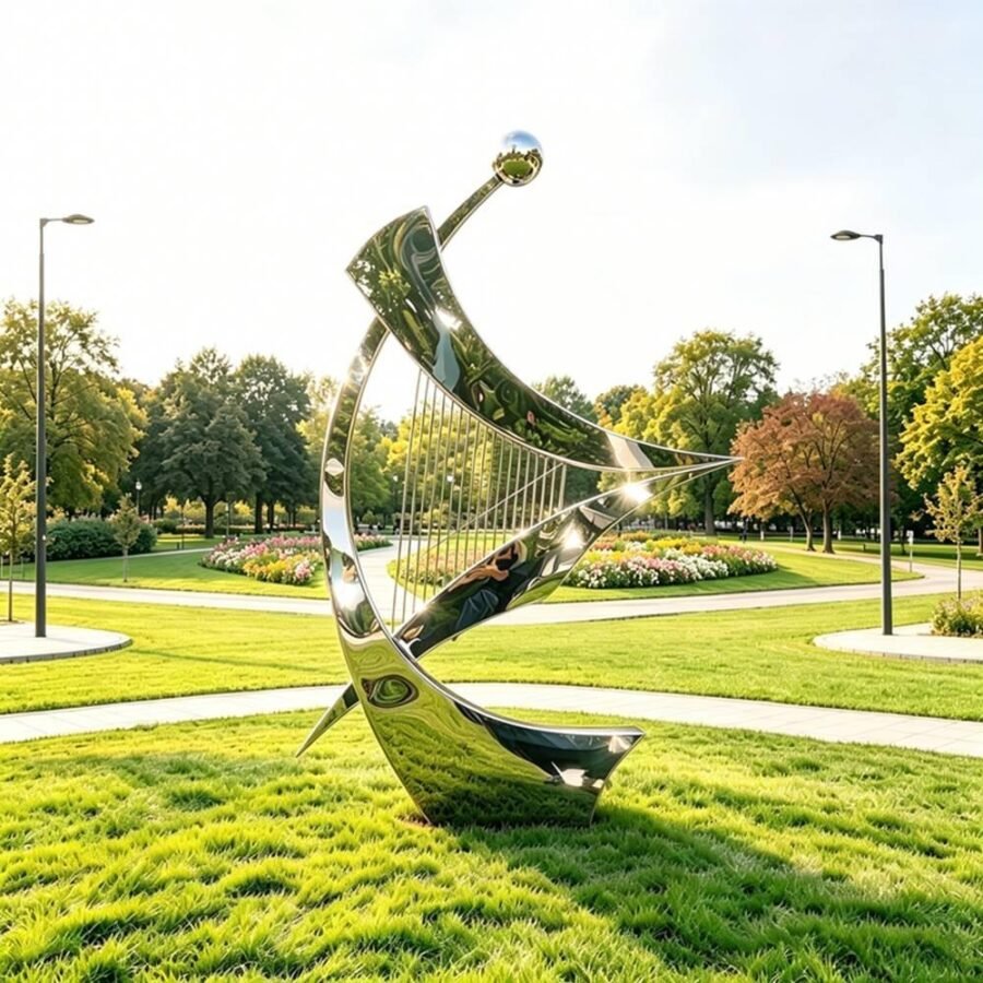 Stainless steel harp water feature sculpture