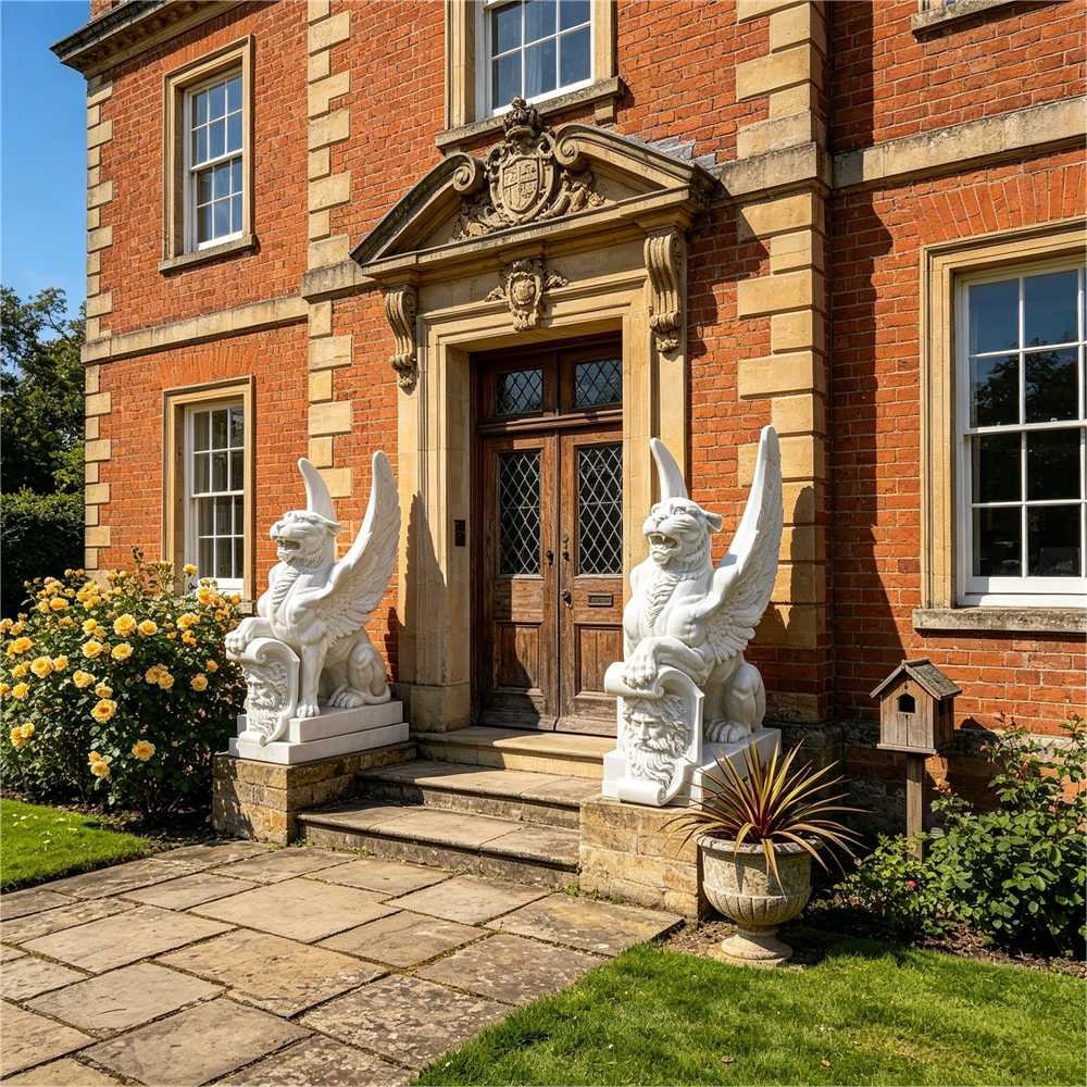 Hand Carved White Marble Griffin Statue for Outdoor Garden Decor