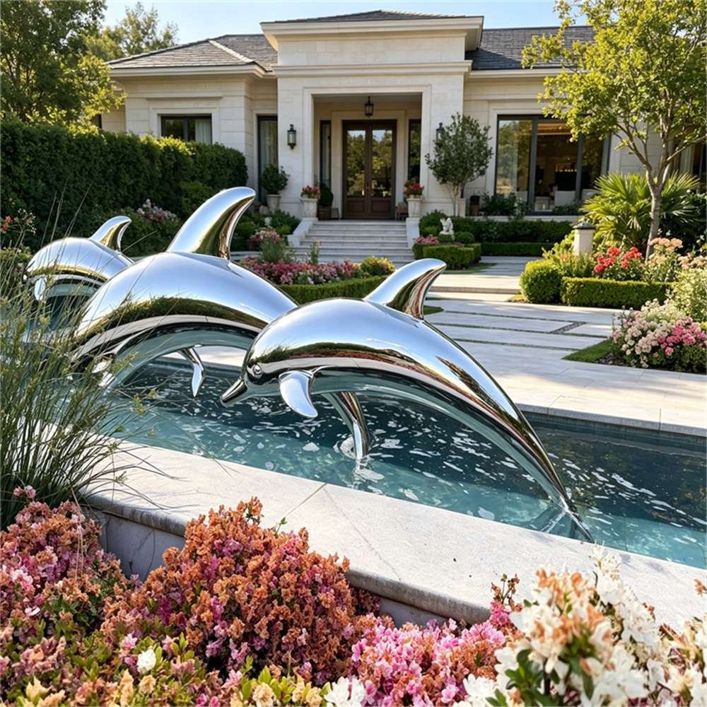 Group of mirror-polished stainless steel dolphin statues