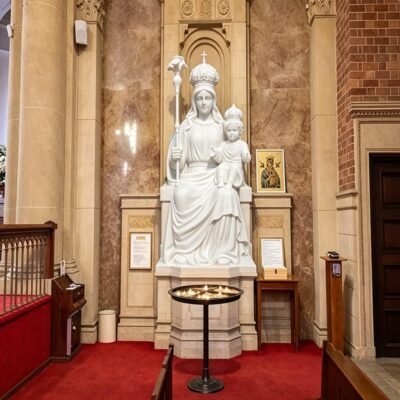 White Marble Crowned Virgin Mary and Baby Jesus Statue