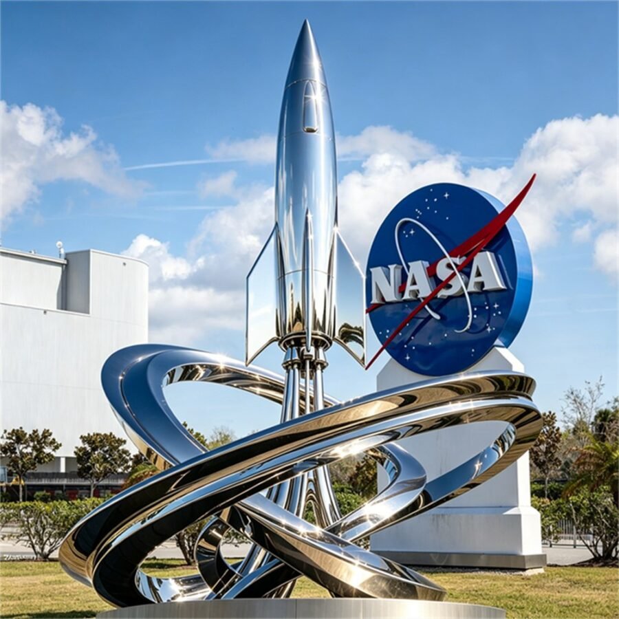 Custom stainless steel rocket landmark sculpture