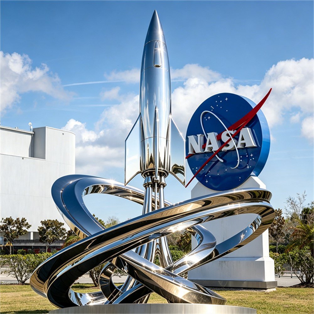Large Polished Metal Rocket Sculpture for Public Plazas