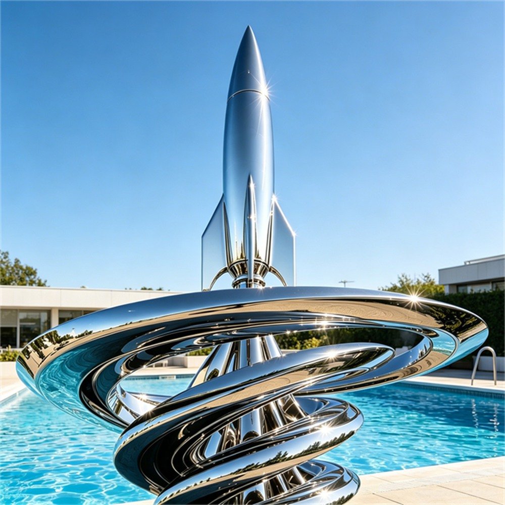 Large Polished Metal Rocket Sculpture for Public Plazas