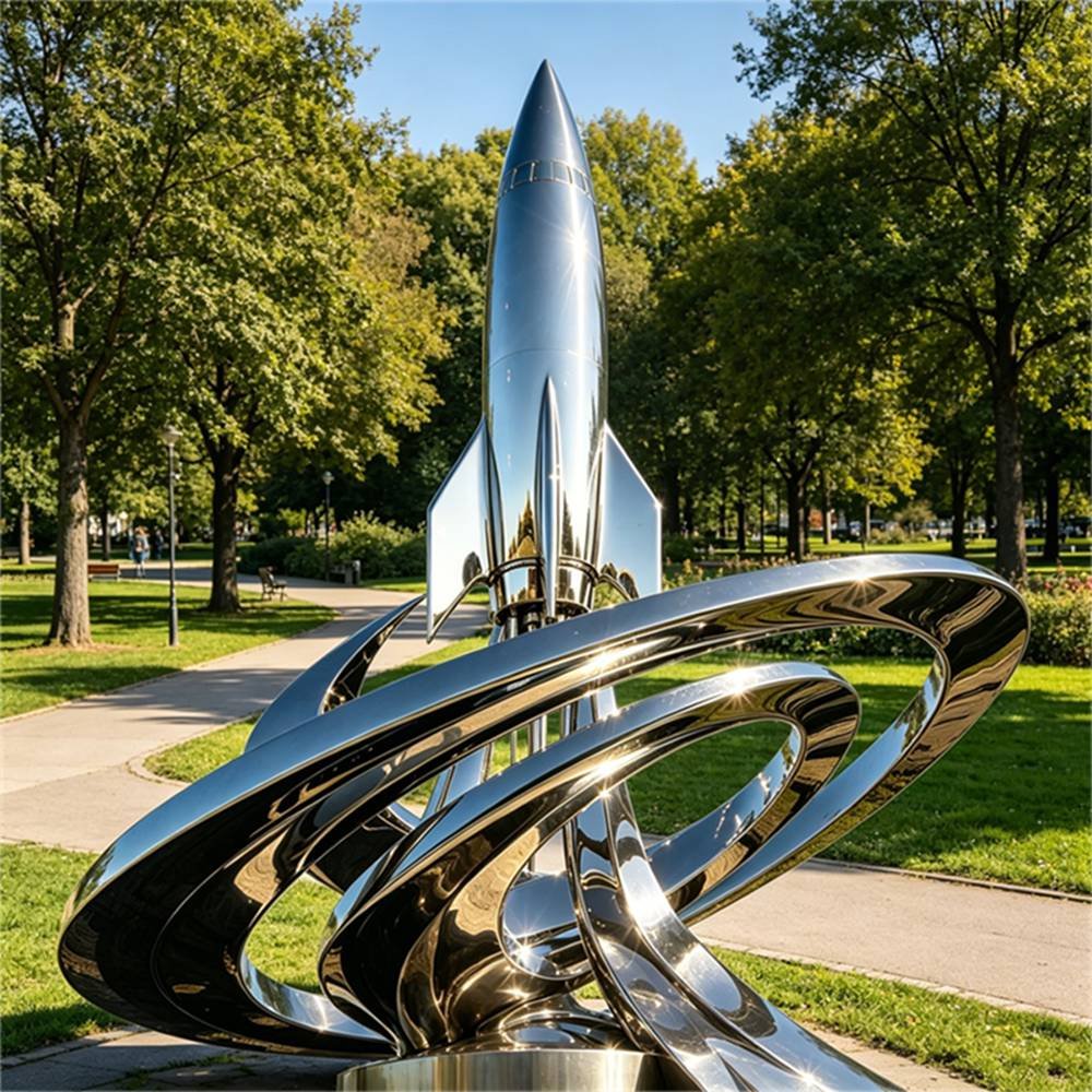 Large Polished Metal Rocket Sculpture for Public Plazas